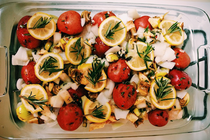 Lemon Rosemary Chicken with Artichoke Before Baking