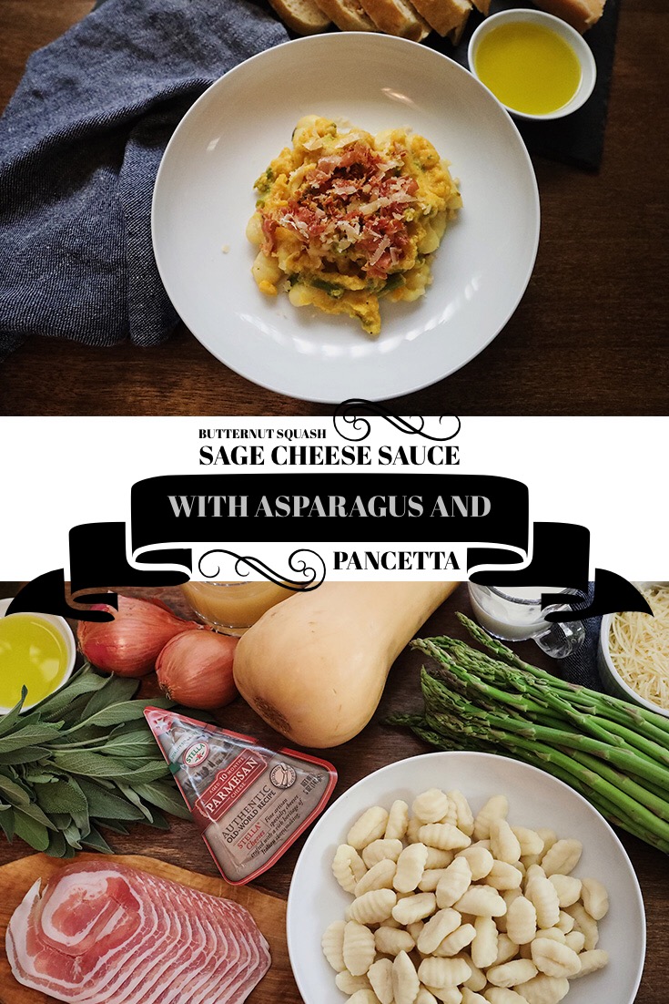 Butternut Squash Sage Cheese Sauce with Asparagus and Pancetta Over Gnocchi