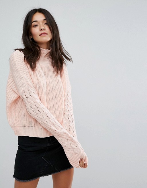 Glamorous High Neck Sweater With Cable Stitch Sleeves