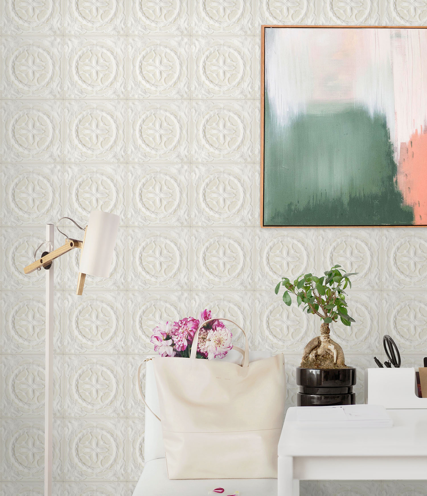 DecoWorks White Victorian Tile Wallpaper