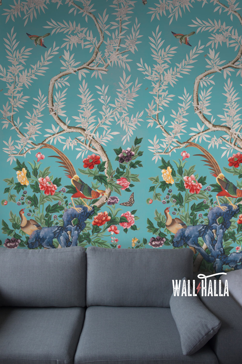 WallHalla Chinoiserie Teal Florals Wallpaper