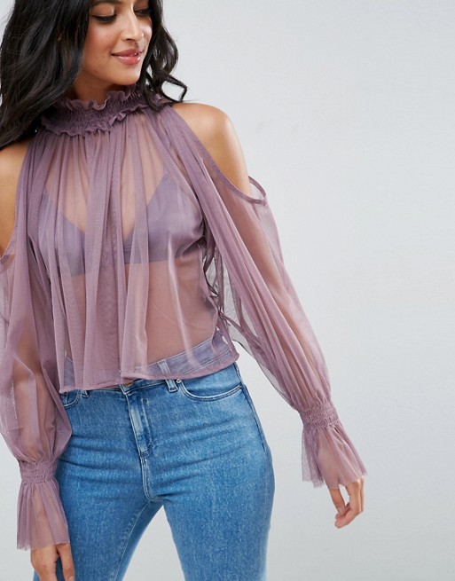 ASOS Cold Shoulder Top in Mesh with High Neck & Puff Sleeve