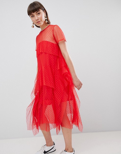 ASOS Dobby Mesh Midi Tshirt Dress with Layered Ruffles