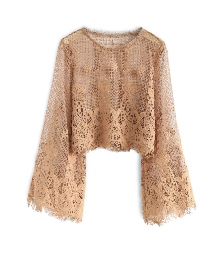 Chic Wish Flowering Mesh Crochet Top in Caramel