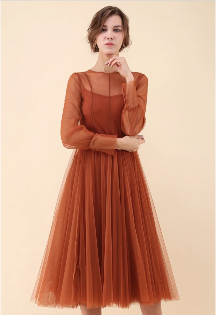 Chic Wish Lightsome Steps Layered Mesh Tulle Dress in Caramel