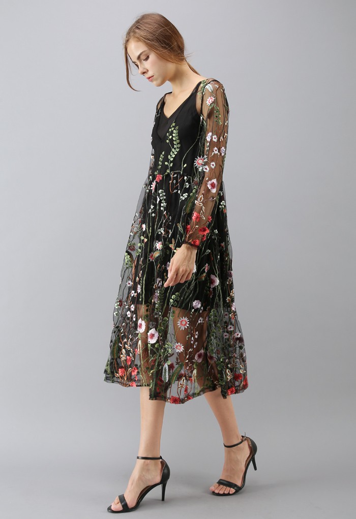 Chic Wish Lost in Flowering Fields V-Neck Embroidered Mesh Dress in Black