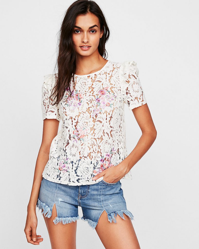 Express Lace Floral Embroidered Tie Back Tee