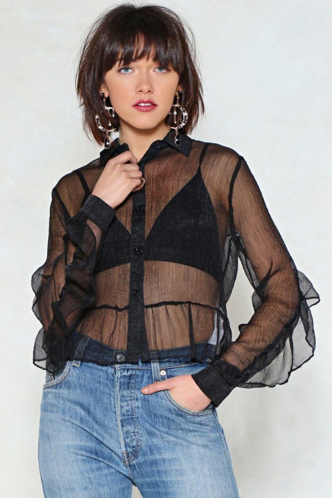 Nasty Gal Sheer Thing Honey Ruffle Blouse