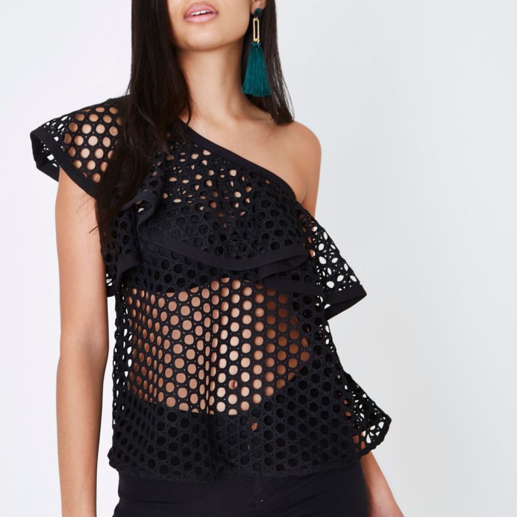 River Island Black Crochet Lace One-shoulder Top