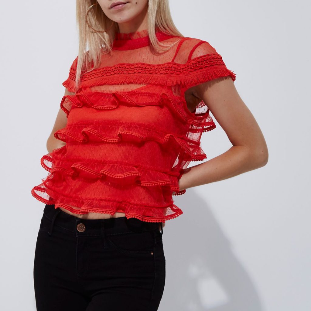 River Island Petite Red Dobby Mesh Cap Sleeve Frill Top