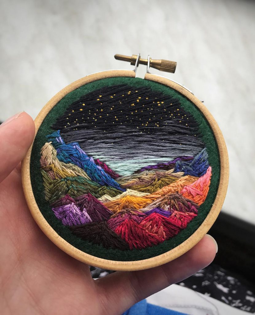 Vera Shimunia Cross Stitching Rainbow Mountains Under Stars
