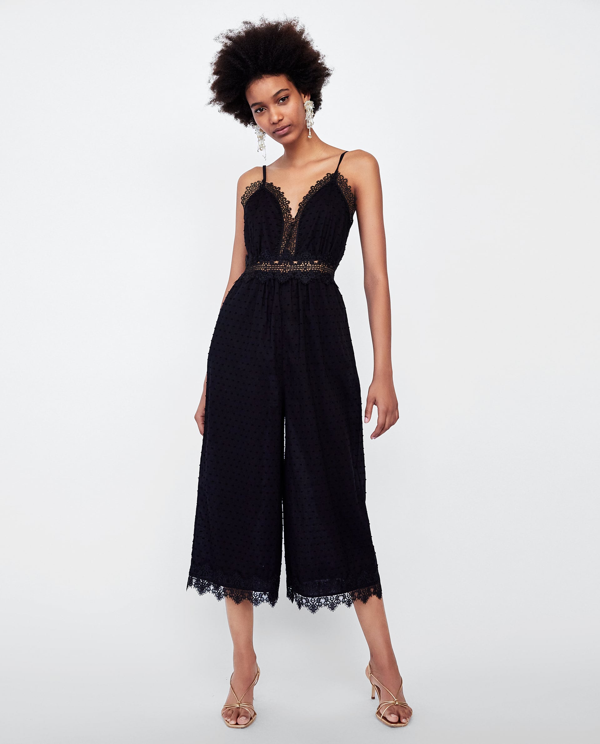 ZARA DOTTED MESH JUMPSUIT WITH LACE TRIMS