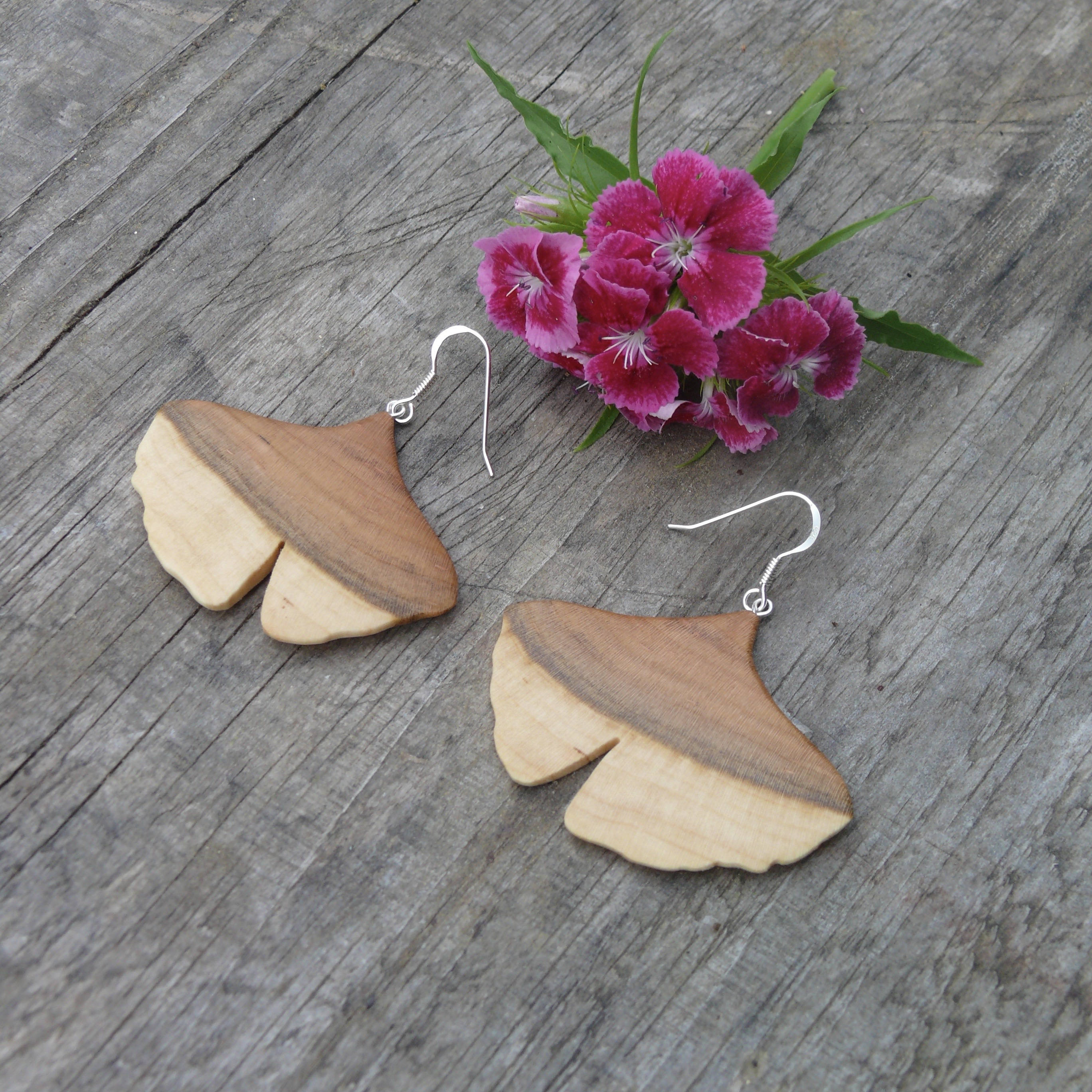 JemKlein wood ginko leaf earrings