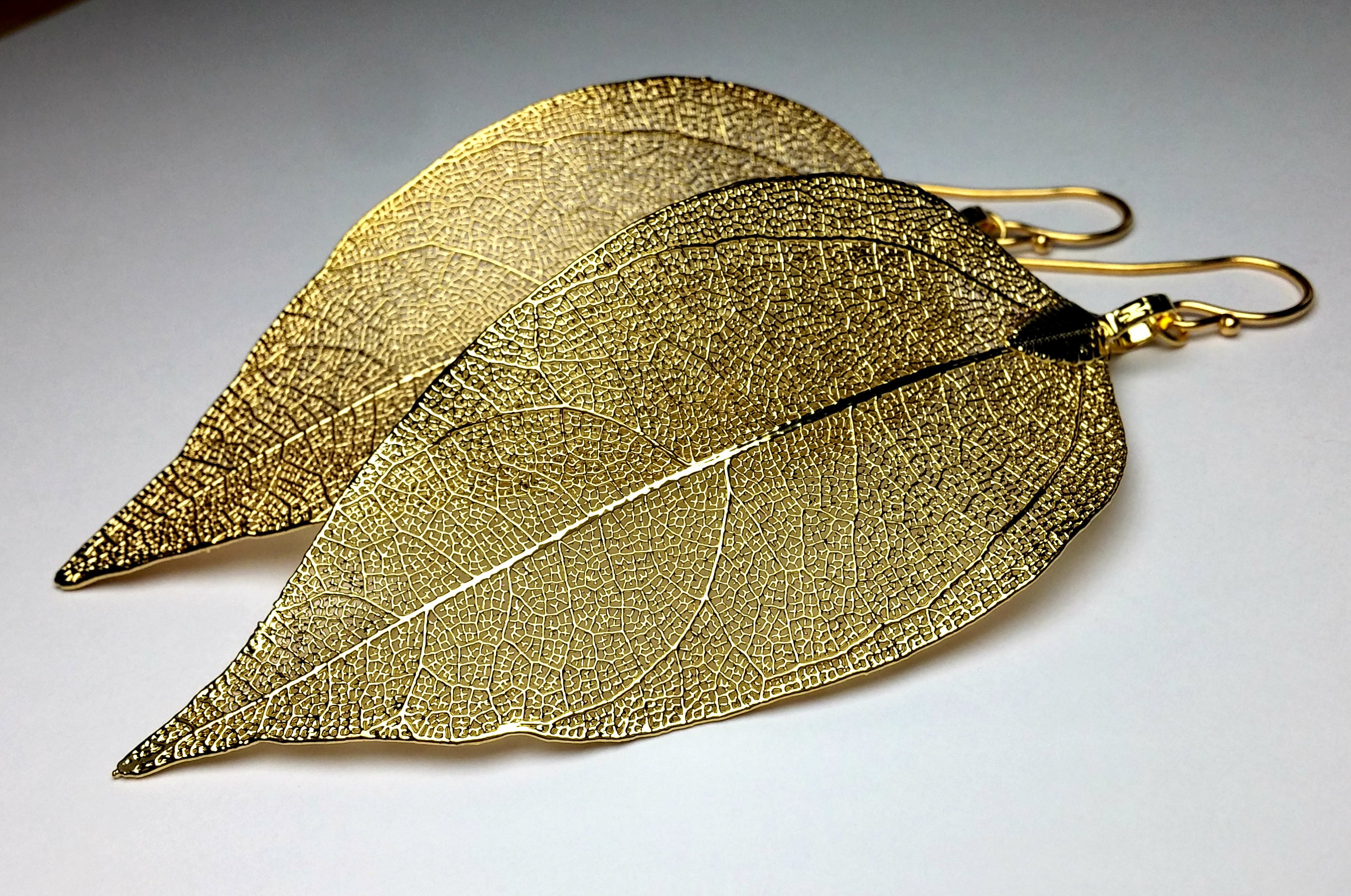 KarousosJewelry real leaf skeleton earrings gold
