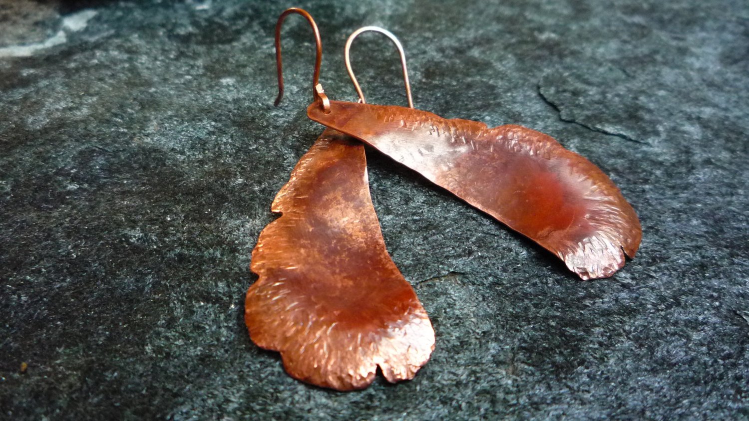 MarbeyaJewelry hammered copper leaf earrings