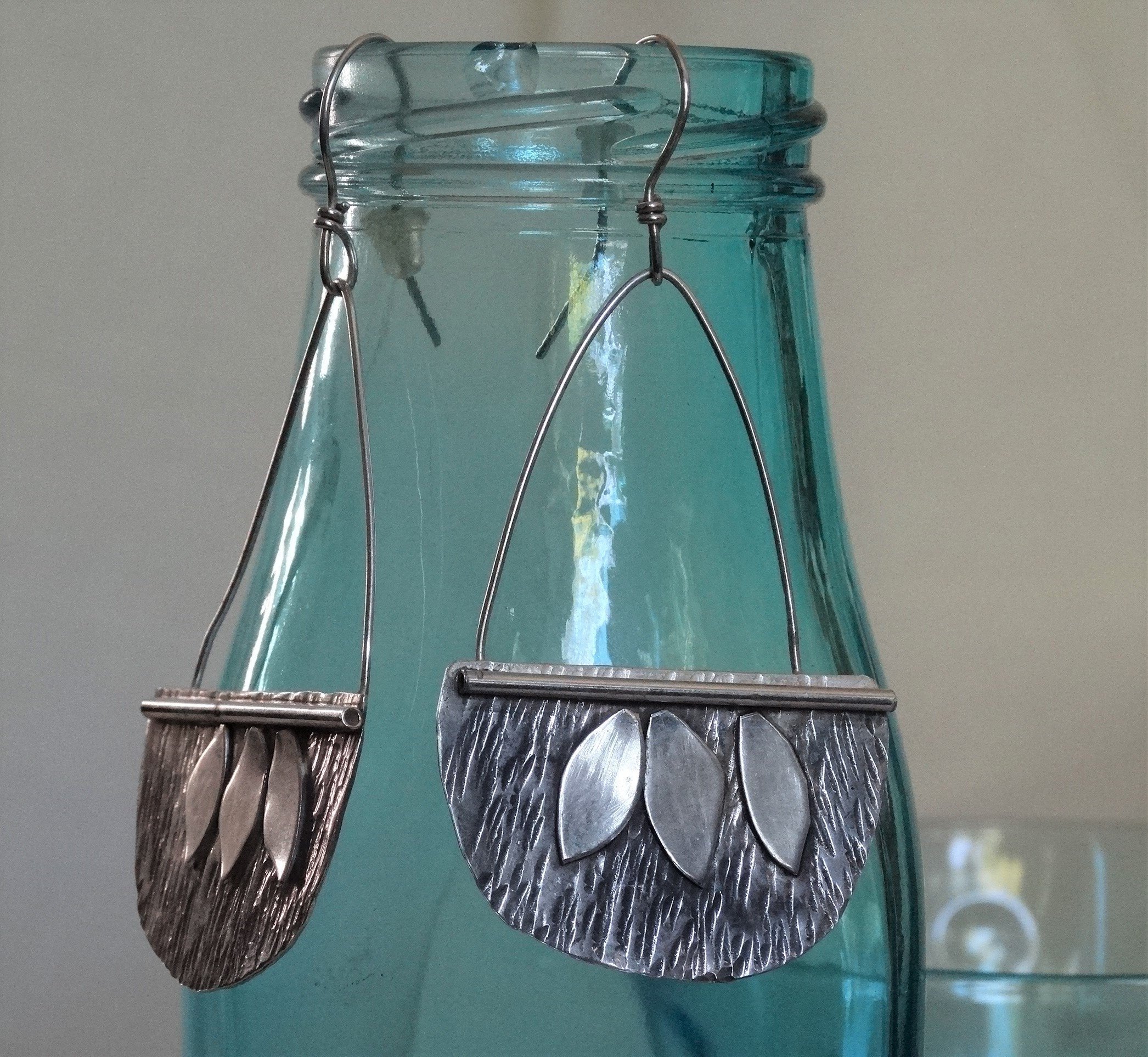 MinaluDesigns hammered blackened sterling silver leaf earrings