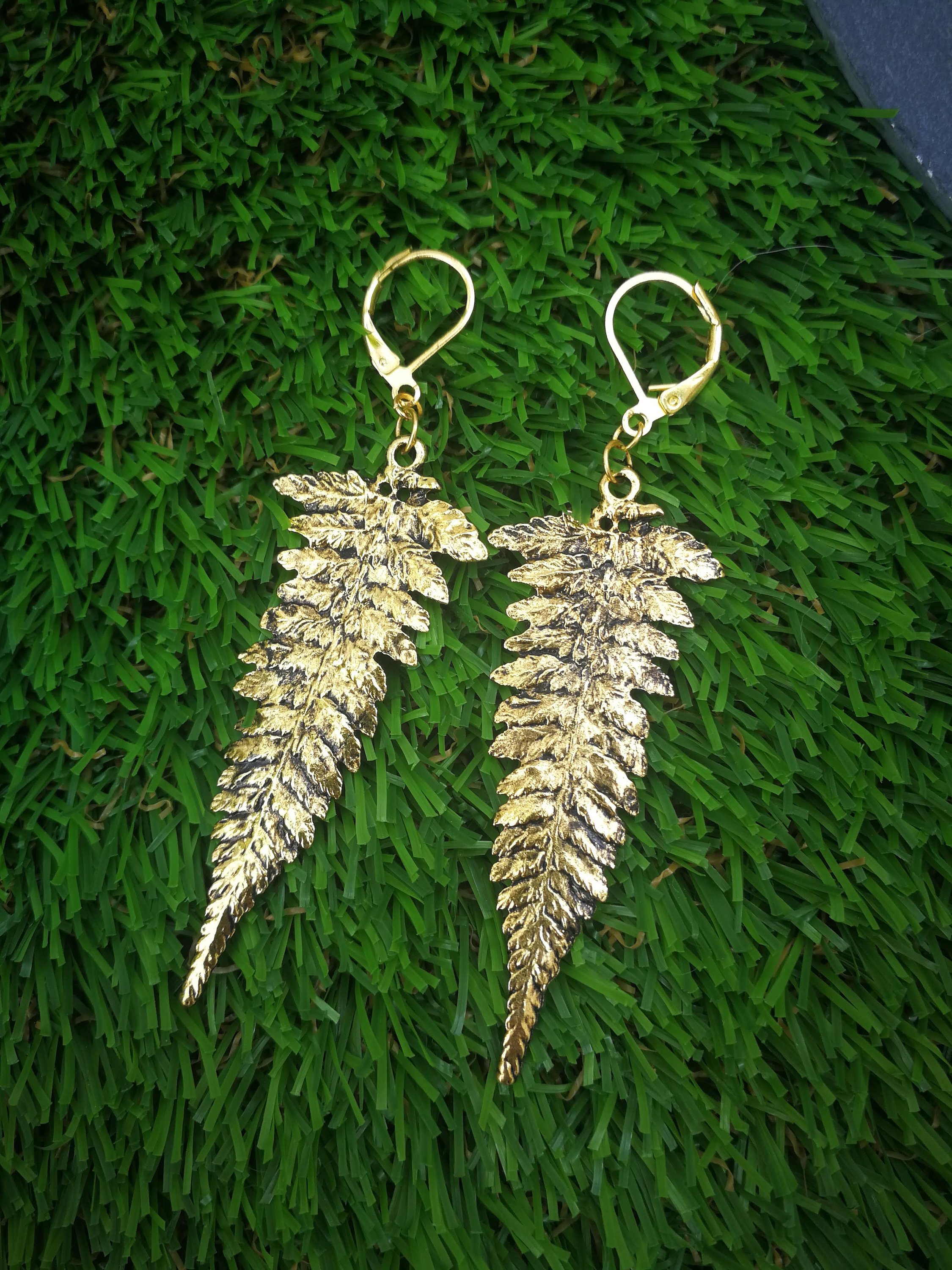 ValkyriesSong gold leaf fern earrings