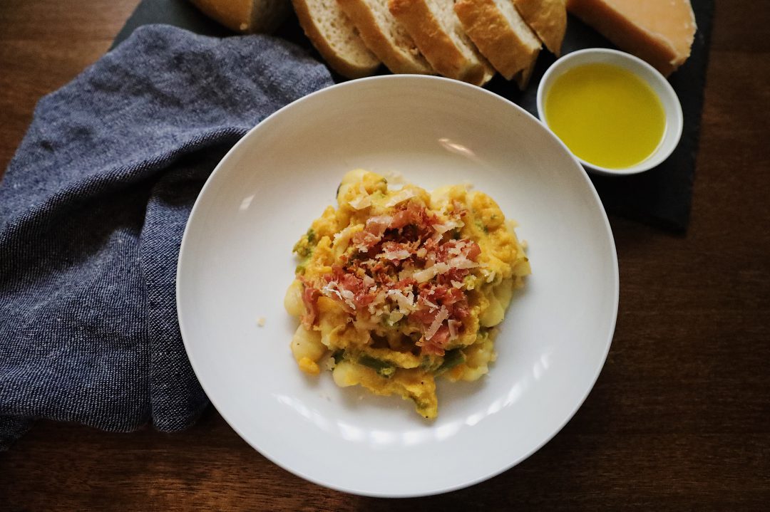 Butternut Squash Sage Cheese Sauce with Asparagus and Pancetta Fnished Wide